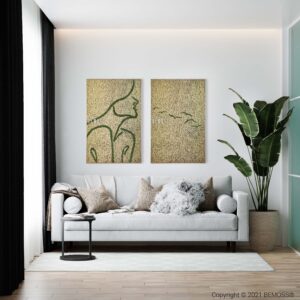 obývačka s gaučom a dvoma obrazmi na stene nad ním a rastlinou v rohu machovy obraz, stabilizovany mach, machová stena, machová dekorácia