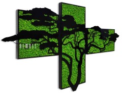 ein Kreuz mit einem Baum und einem Vogel darauf, darunter das Wort und darunter ein Bild eines Baumes mit einem Vogel und einem Ast, moosbild, mooswand, moos pflanzen, moos, moos deko, moos art