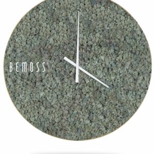 hodiny so správou na ciferníku s nápisom bemouss na boku hodín machovy obraz, stabilizovany mach, machová stena, machová dekorácia