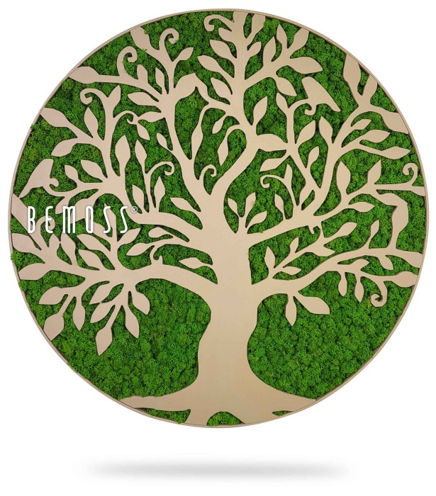 Ein Baum mit Blättern darauf wird in Kreisform mit den Worten Bemuss darauf dargestellt, moosbild, mooswand, moos pflanzen, moos, moos deko, moos art