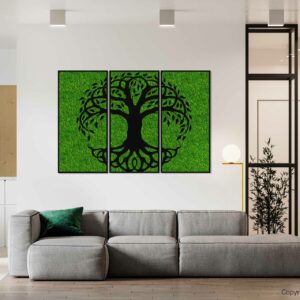 obývačka s gaučom a obrazom na stene nad ním, na ktorom je strom machovy obraz, stabilizovany mach, machová stena, machová dekorácia