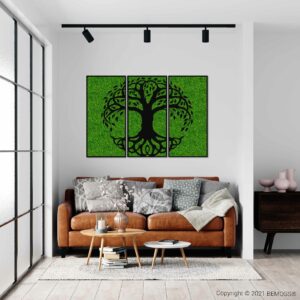obývačka s gaučom a obrazom na stene nad ním, na ktorom je strom machovy obraz, stabilizovany mach, machová stena, machová dekorácia