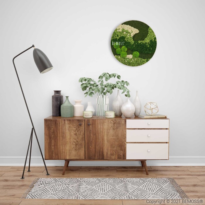 ein Raum mit einer weißen Wand und einem Holzschrank mit einer Pflanze darauf und einem großen runden Bild an der Wand, moosbild, mooswand, moos pflanzen, moos, moos deko, moos art