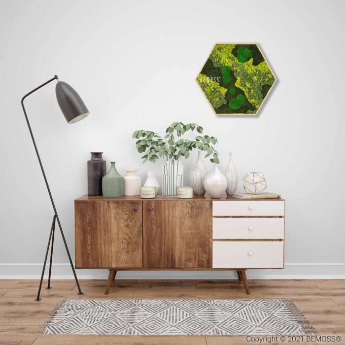 ein Raum mit einem Holzschrank und einem weißen Teppich auf dem Boden und einem grünen sechseckigen Wandbehang, moosbild, mooswand, moos pflanzen, moos, moos deko, moos art