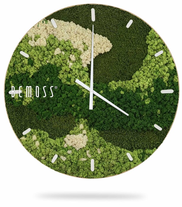 eine Uhr mit einem grün-weißen Design auf dem Zifferblatt und den Zeigern, moosbild, mooswand, moos pflanzen, moos, moos deko, moos art