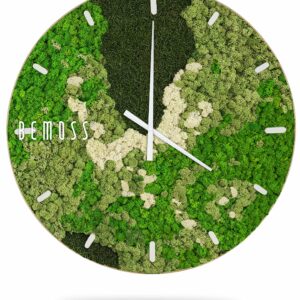 hodiny so zeleno-bielym dizajnom na ciferníku a ručičky a čísla na ciferníku, ekologické umenie , machovy obraz, stabilizovany mach, machová stena, machová dekorácia