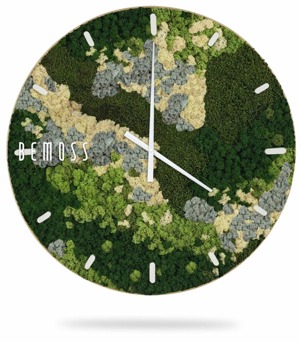 Eine Uhr mit einem moosbedeckten Waldmotiv auf dem Zifferblatt und den Zeigern, moosbild, mooswand, moos pflanzen, moos, moos deko, moos art