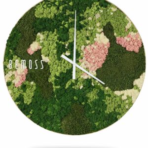 hodiny s machom pokrytým dizajnom na ciferníku a ručičkách, mozaika ekologické umenie, machovy obraz, stabilizovany mach, machová stena, machová dekorácia