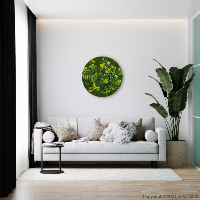 ein Wohnzimmer mit einer Couch und einer großen grünen Uhr an der Wand über dem Kopfteil, moosbild, mooswand, moos pflanzen, moos, moos deko, moos art