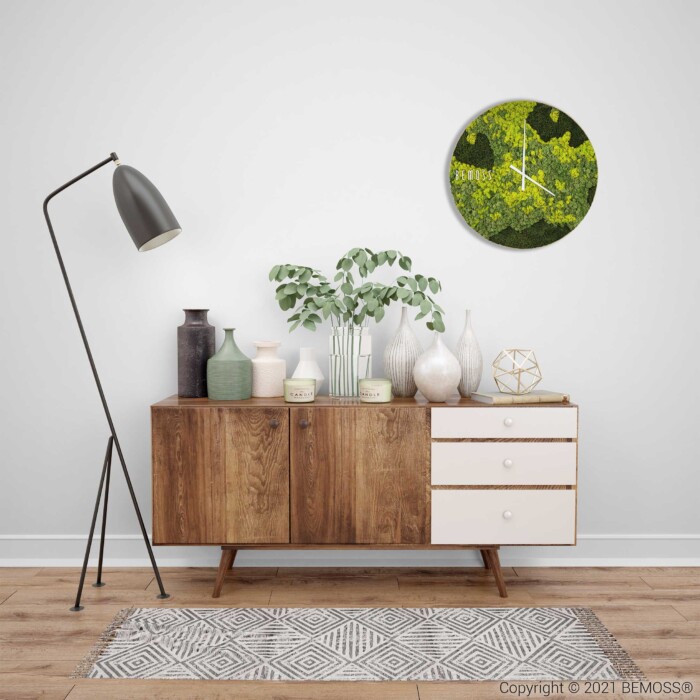 ein Wohnzimmer mit einer großen Uhr an der Wand und einer Pflanze auf dem Sideboard in der Ecke, moosbild, mooswand, moos pflanzen, moos, moos deko, moos art