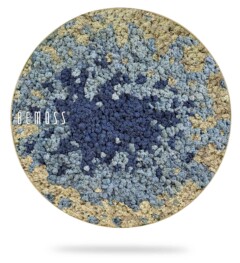 ein blau-gelber Teppich mit weißem Hintergrund und einem blau-gelben Muster auf der Unterseite des Teppichs, moosbild, mooswand, moos pflanzen, moos, moos deko, moos art