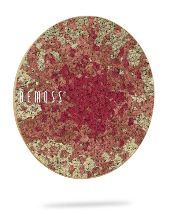 Ein roter und grüner Lidschatten mit dem Wort „Bemos“ darauf in weißer Schrift auf weißem Hintergrund, moosbild, mooswand, moos pflanzen, moos, moos deko, moos art